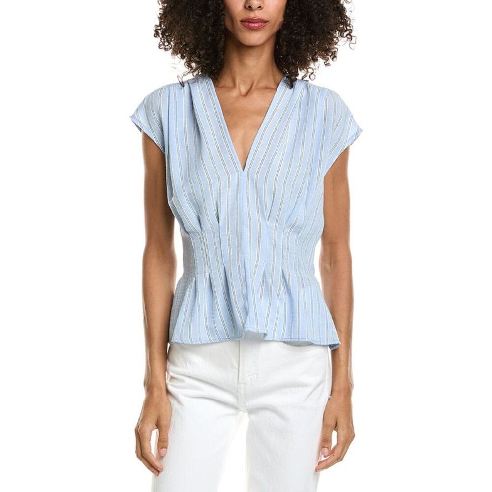 Max Studio Womens V-Neck Front Pleat Top, Blue